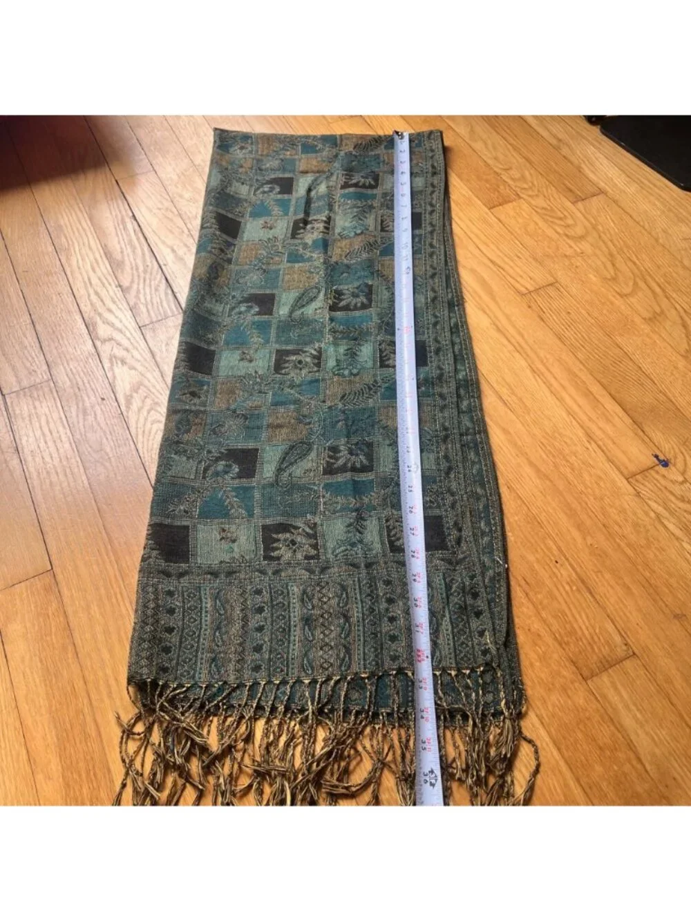 Boho Geometric Fringed Green Black Beige Scarf Size 72